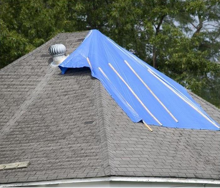 blue tarp covering part of damaged roof
